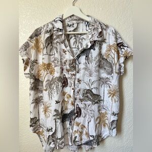 Women’s Short-Sleeve Tropical Print Shirt - White with Brown & Tan